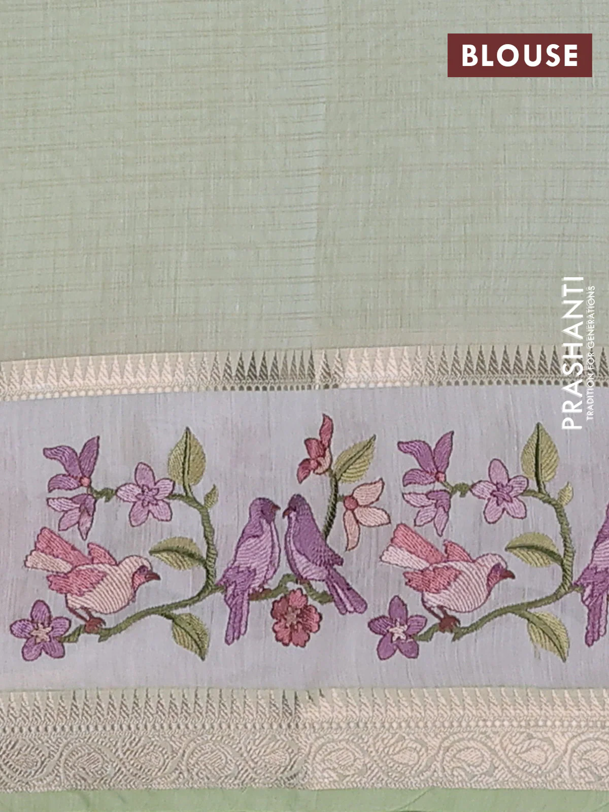 Kota saree pista green and off white with plain body and embroidery work border - Image 4