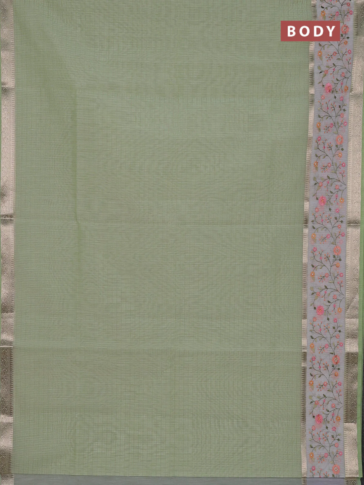 Kota saree pista green and off white with plain body and embroidery work border - Image 2