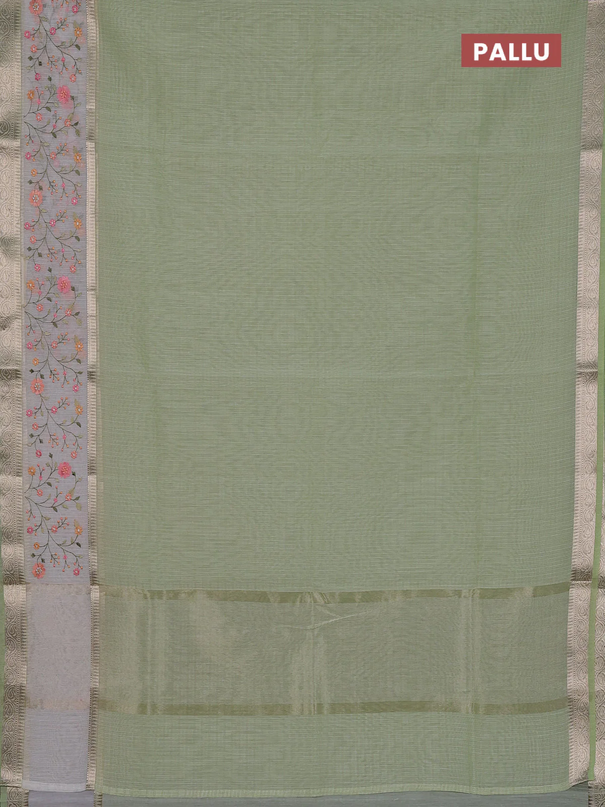 Kota saree pista green and off white with plain body and embroidery work border - Image 3