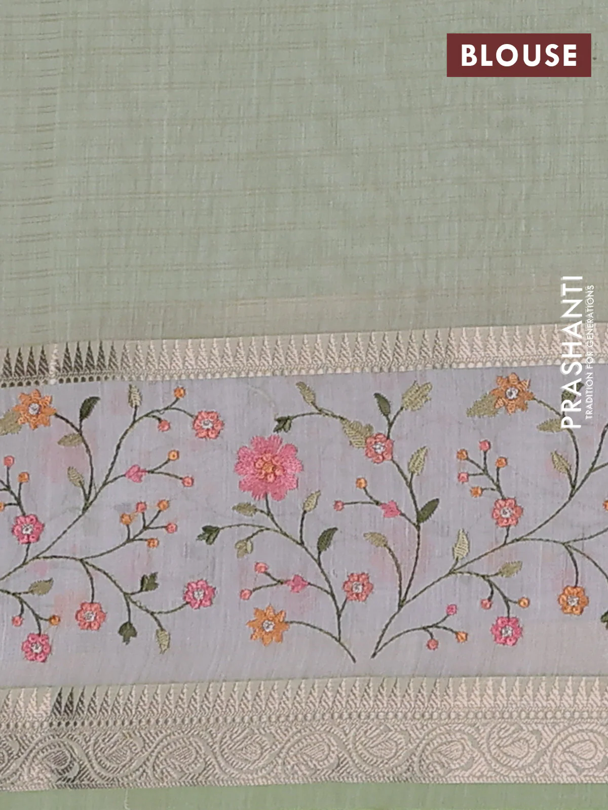Kota saree pista green and off white with plain body and embroidery work border - Image 4