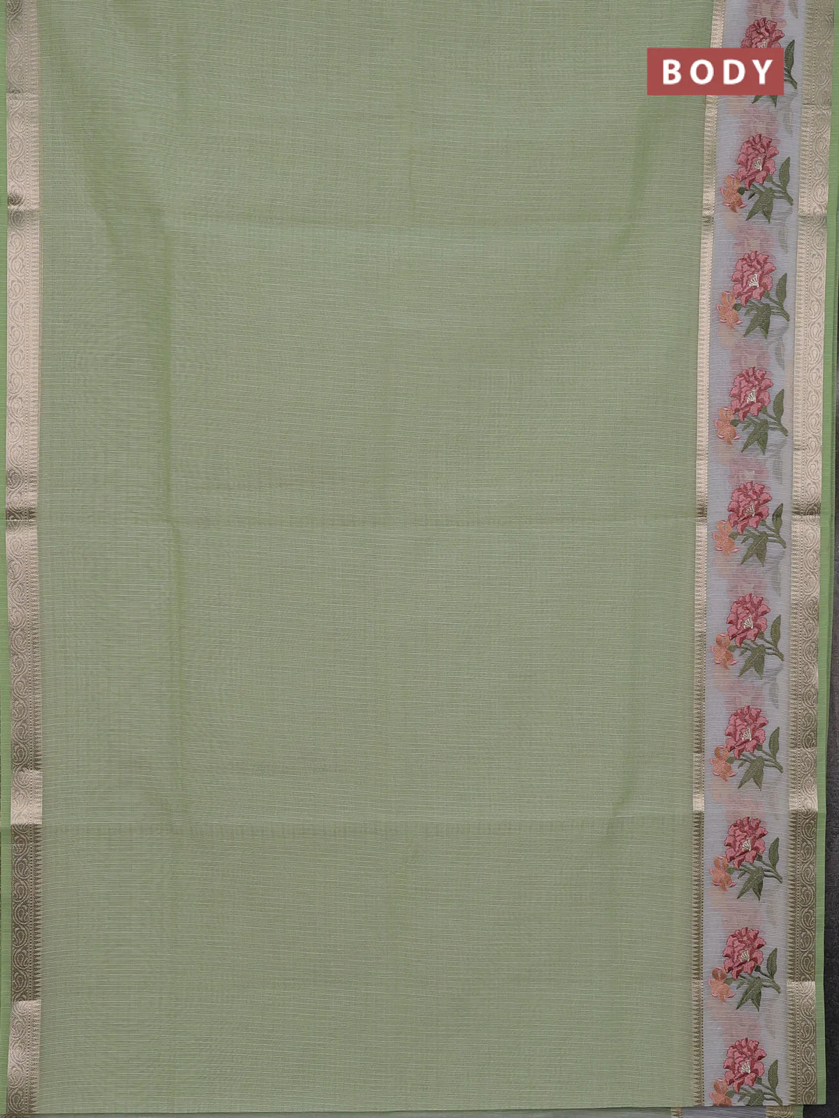 Kota saree pista green and off white with plain body and embroidery work border - Image 2