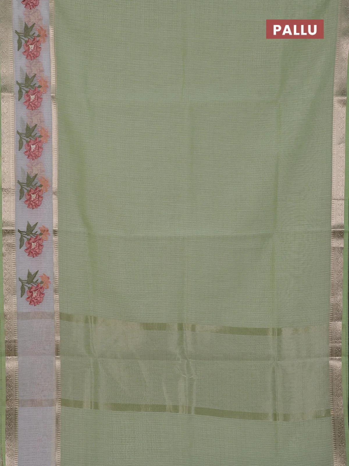 Kota saree pista green and off white with plain body and embroidery work border - Image 3