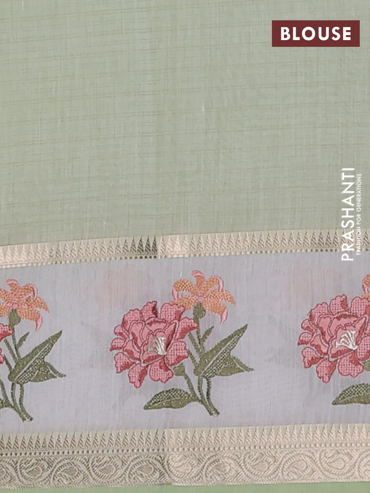 Kota saree pista green and off white with plain body and embroidery work border - Image 4