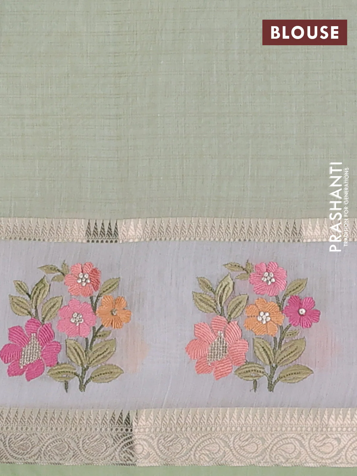 Kota saree pista green and off white with plain body and embroidery work border - Image 4