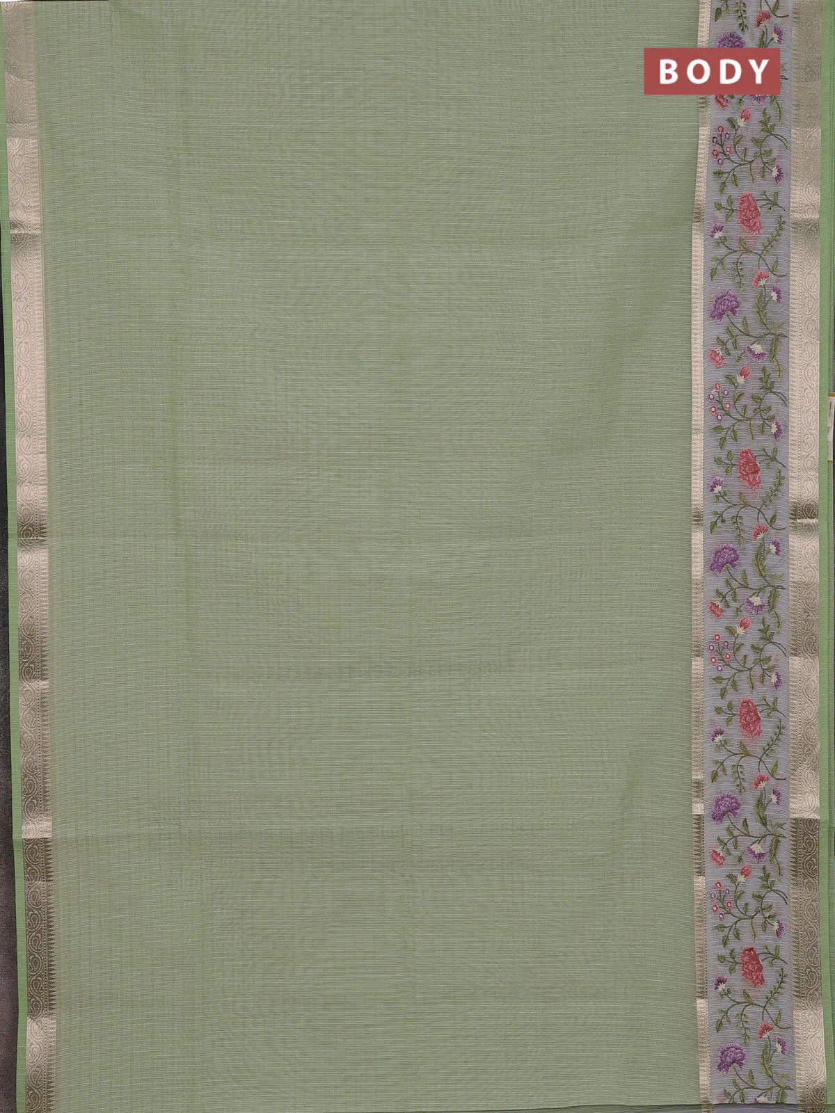 Kota saree pista green and off white with plain body and embroidery work border - Image 2