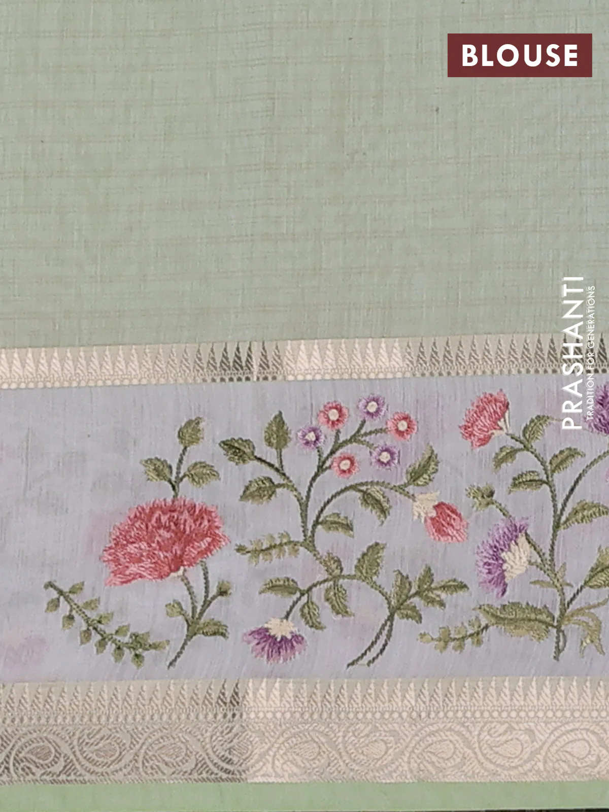 Kota saree pista green and off white with plain body and embroidery work border - Image 4
