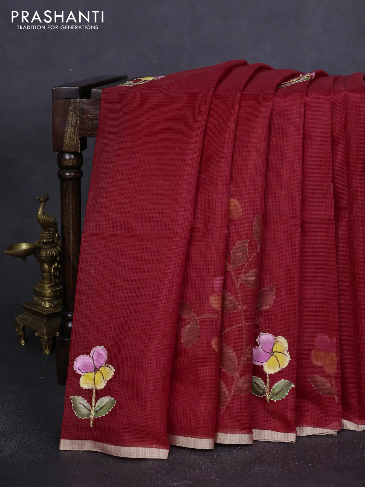 Kota saree red with hand prints & kantha stitch work and zari woven piping border - Image 2