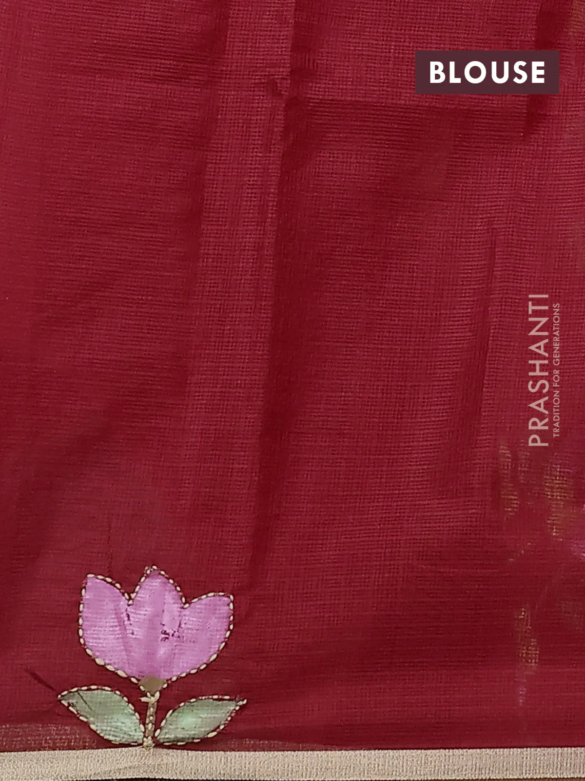 Kota saree red with hand prints & kantha stitch work and zari woven piping border - Image 3