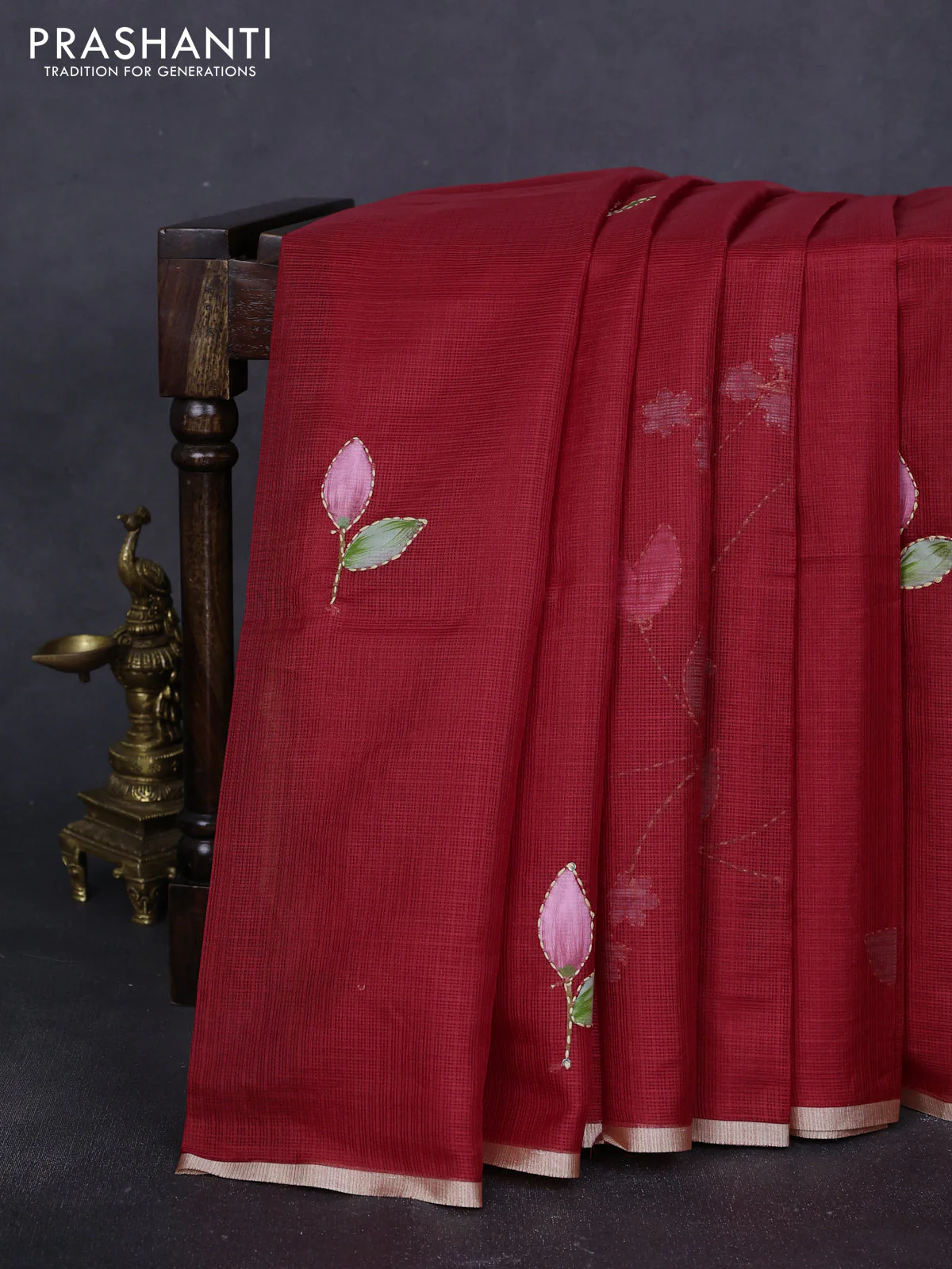 Kota saree red with hand prints & kantha stitch work and zari woven piping border - Image 2