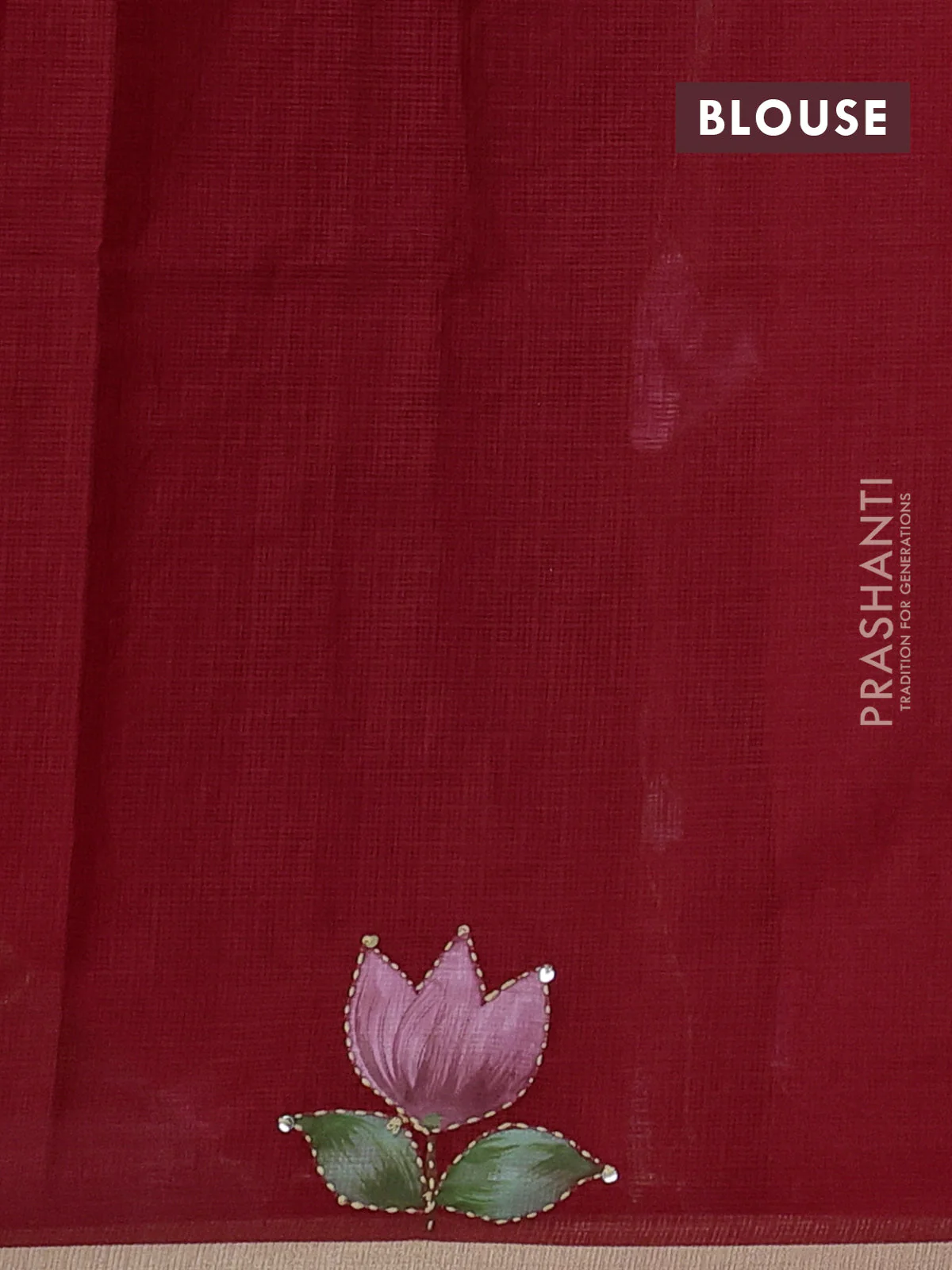 Kota saree red with hand prints & kantha stitch work and zari woven piping border - Image 3