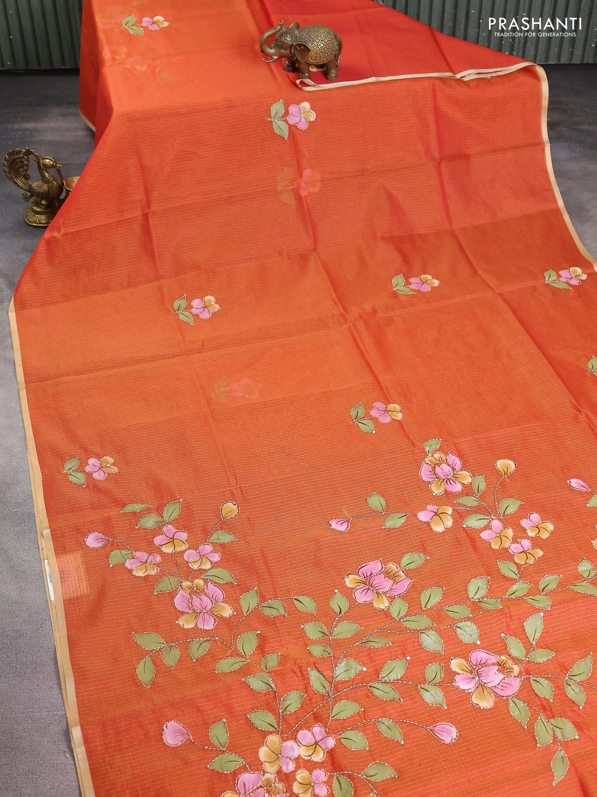 Kota saree rustic orange with hand prints & kantha stitch work and zari woven piping border