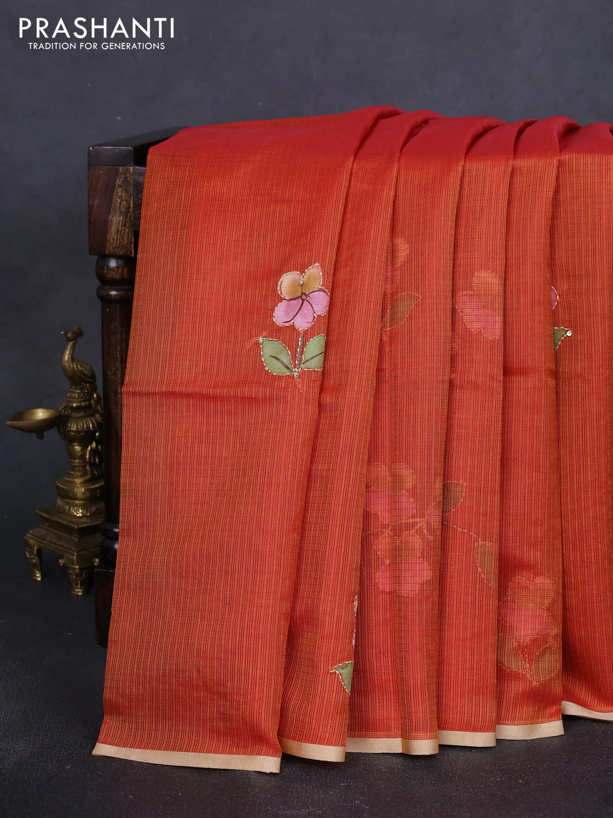 Kota saree rustic orange with hand prints & kantha stitch work and zari woven piping border - Image 2