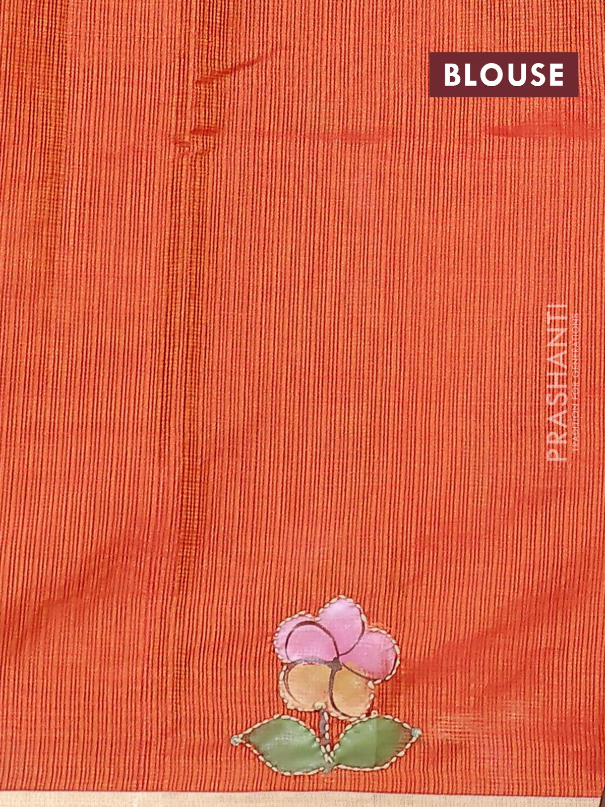 Kota saree rustic orange with hand prints & kantha stitch work and zari woven piping border - Image 3