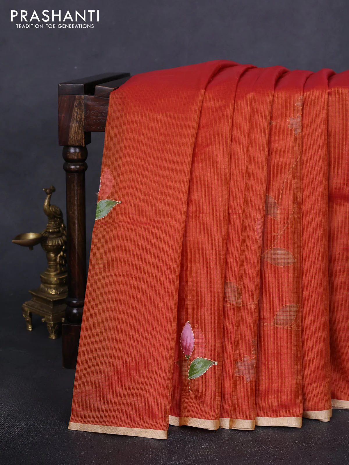 Kota saree rustic orange with hand prints & kantha stitch work and zari woven piping border - Image 2