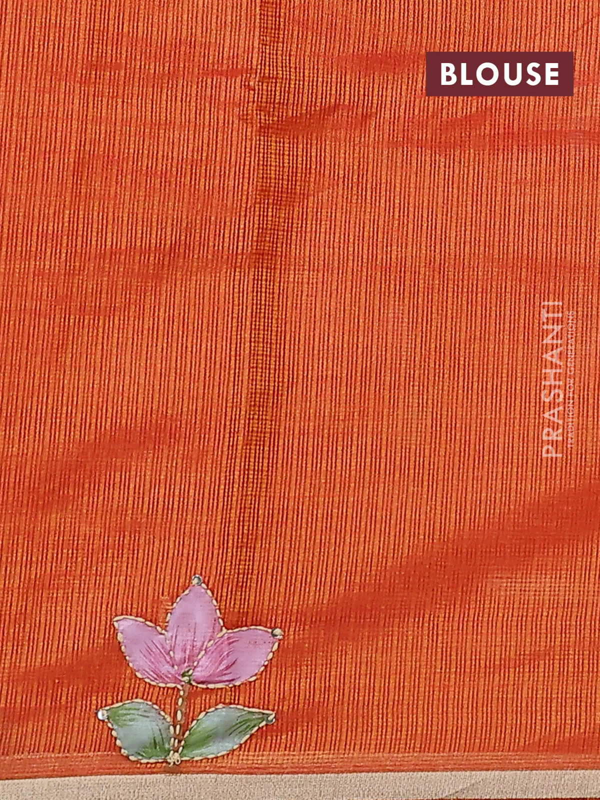 Kota saree rustic orange with hand prints & kantha stitch work and zari woven piping border - Image 3