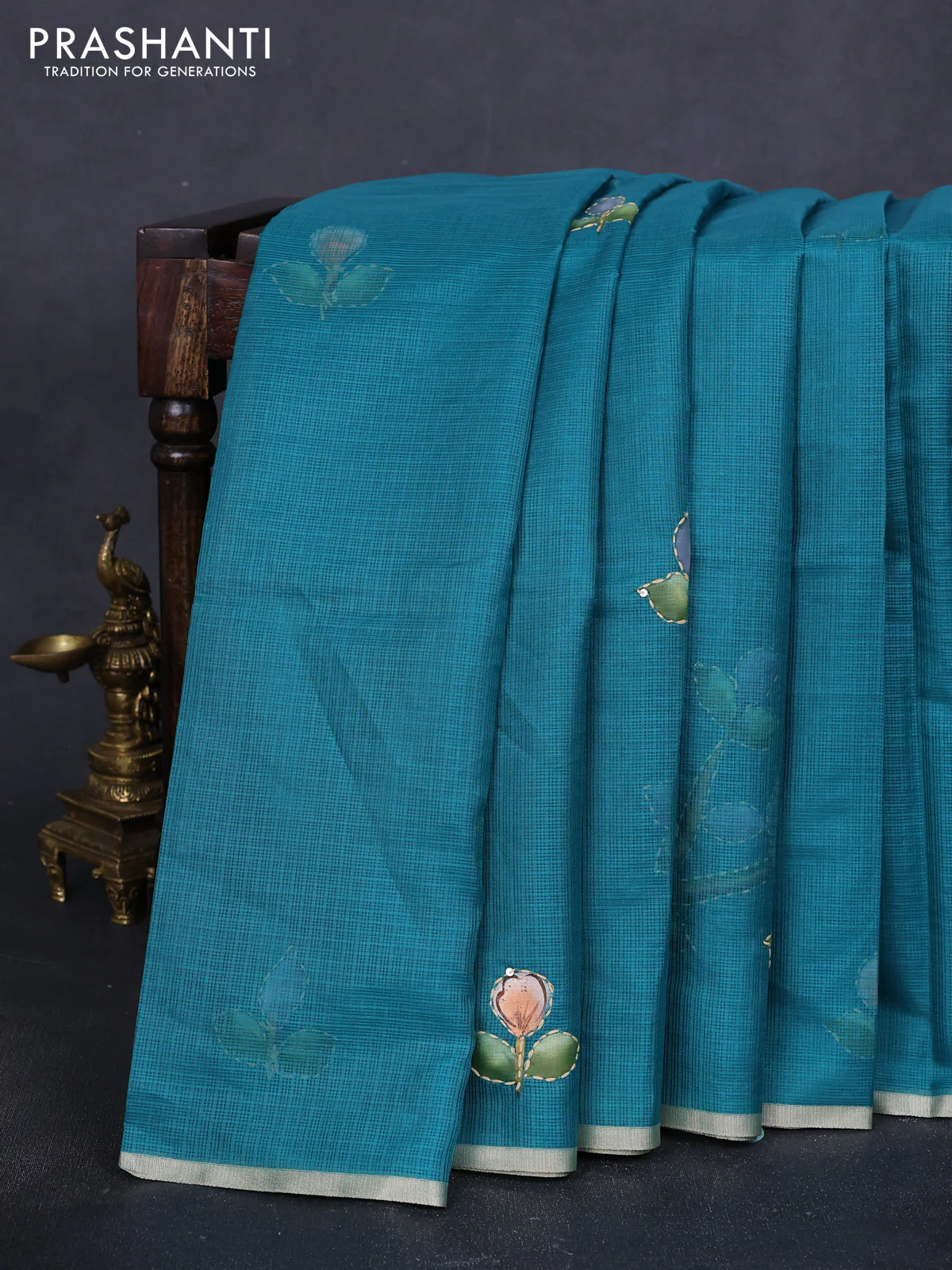 Kota saree teal green with hand prints & kantha stitch work and zari woven piping border - Image 2