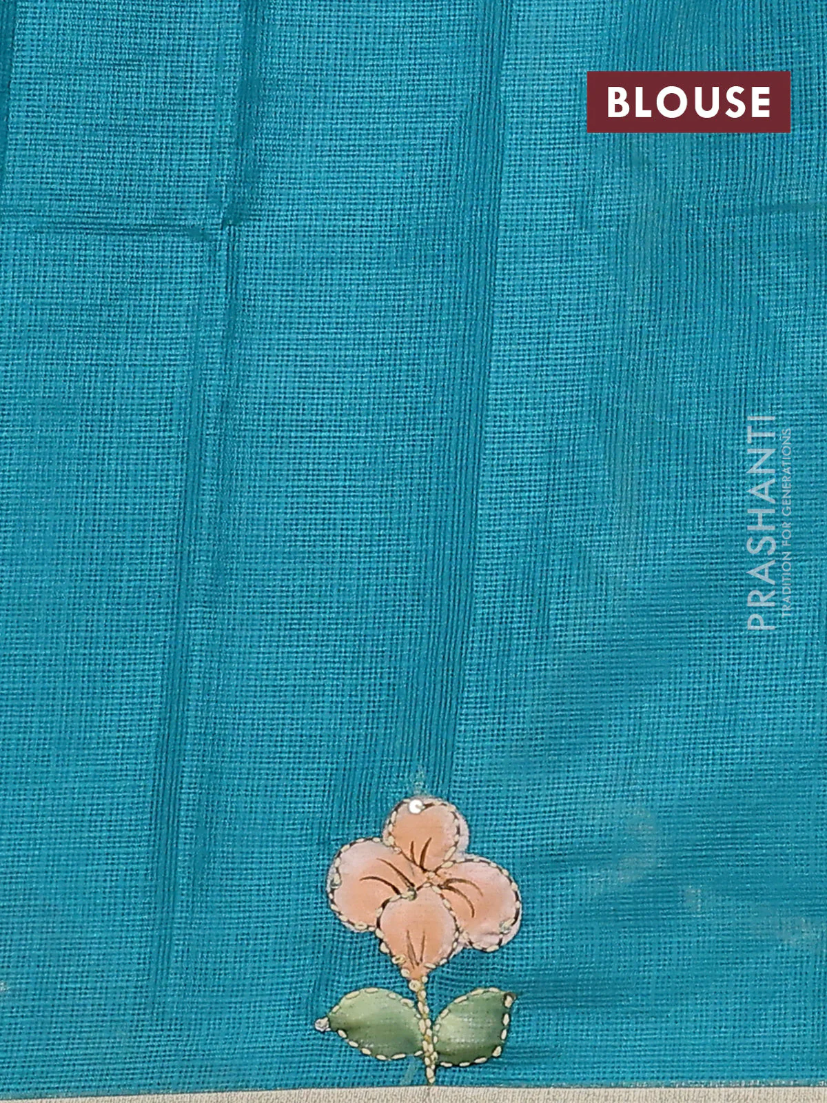 Kota saree teal green with hand prints & kantha stitch work and zari woven piping border - Image 3