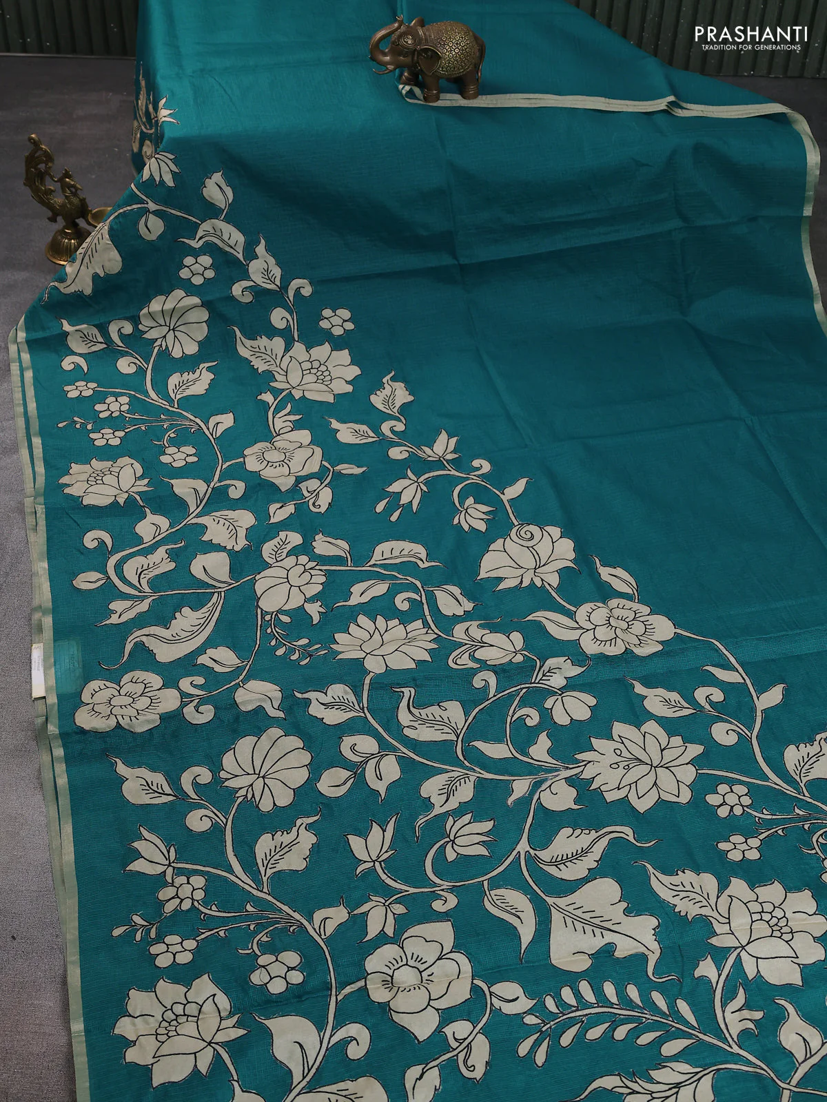 Kota saree teal green with kalamkari applique work - Image 2