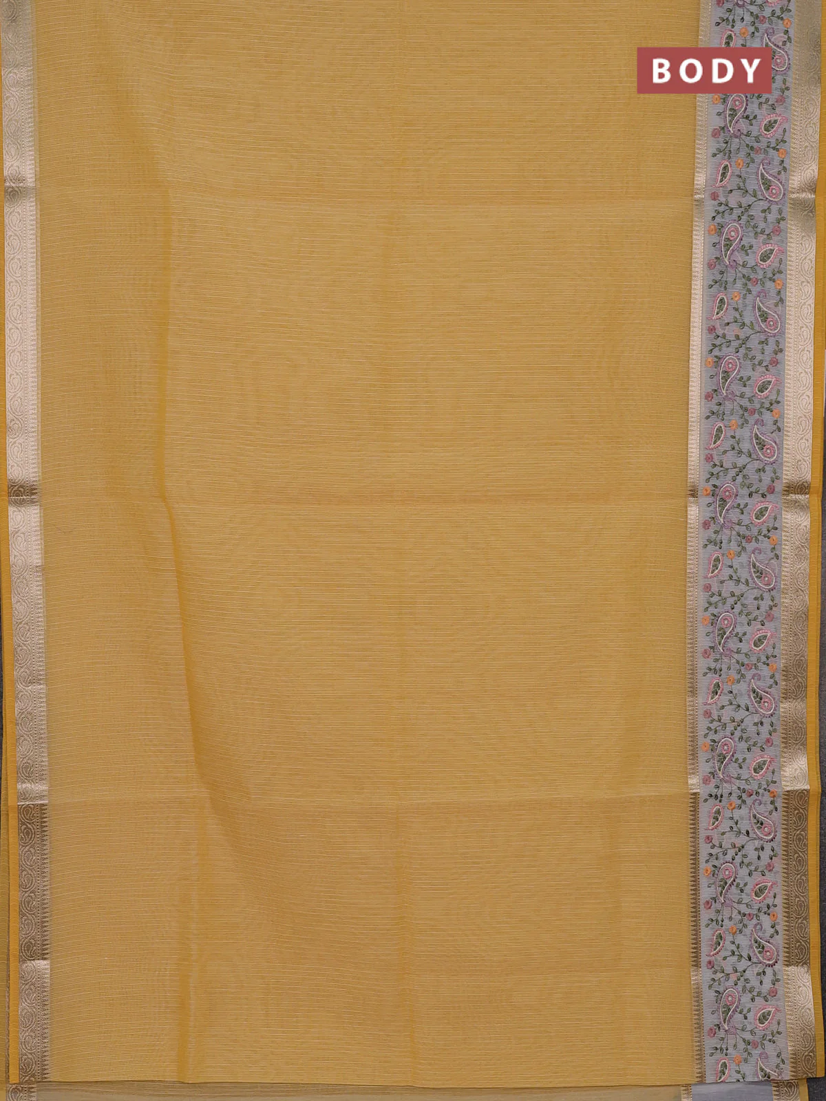 Kota saree yellow and off white with plain body and embroidery work border - Image 2