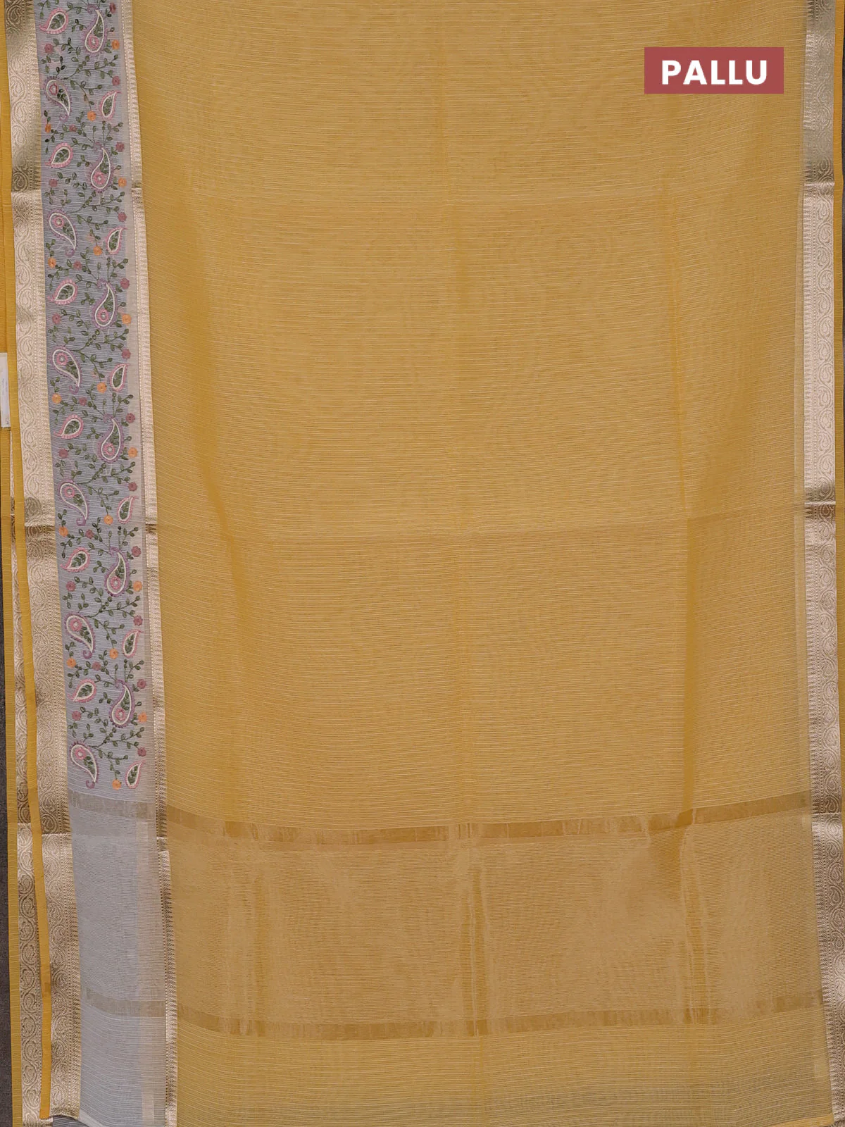 Kota saree yellow and off white with plain body and embroidery work border - Image 3
