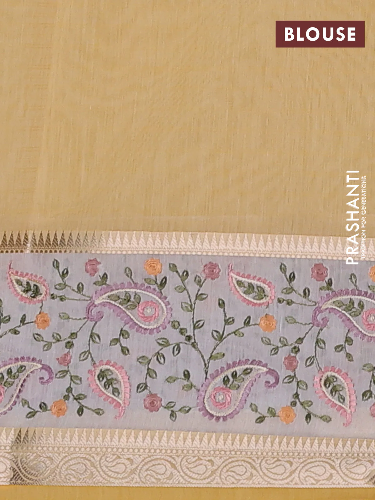 Kota saree yellow and off white with plain body and embroidery work border - Image 4