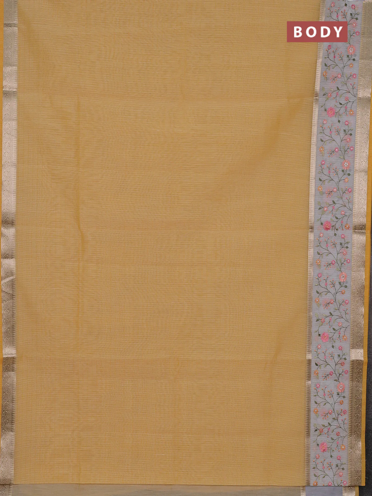 Kota saree yellow and off white with plain body and embroidery work border - Image 2