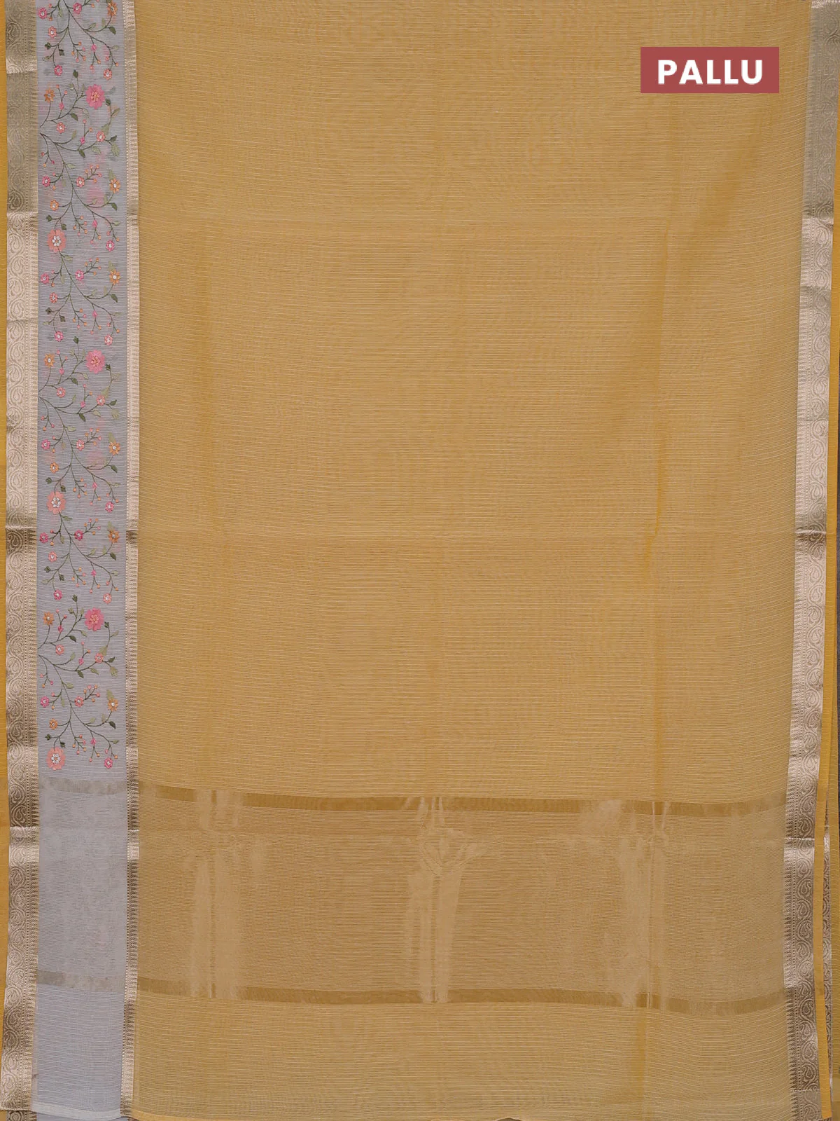 Kota saree yellow and off white with plain body and embroidery work border - Image 3