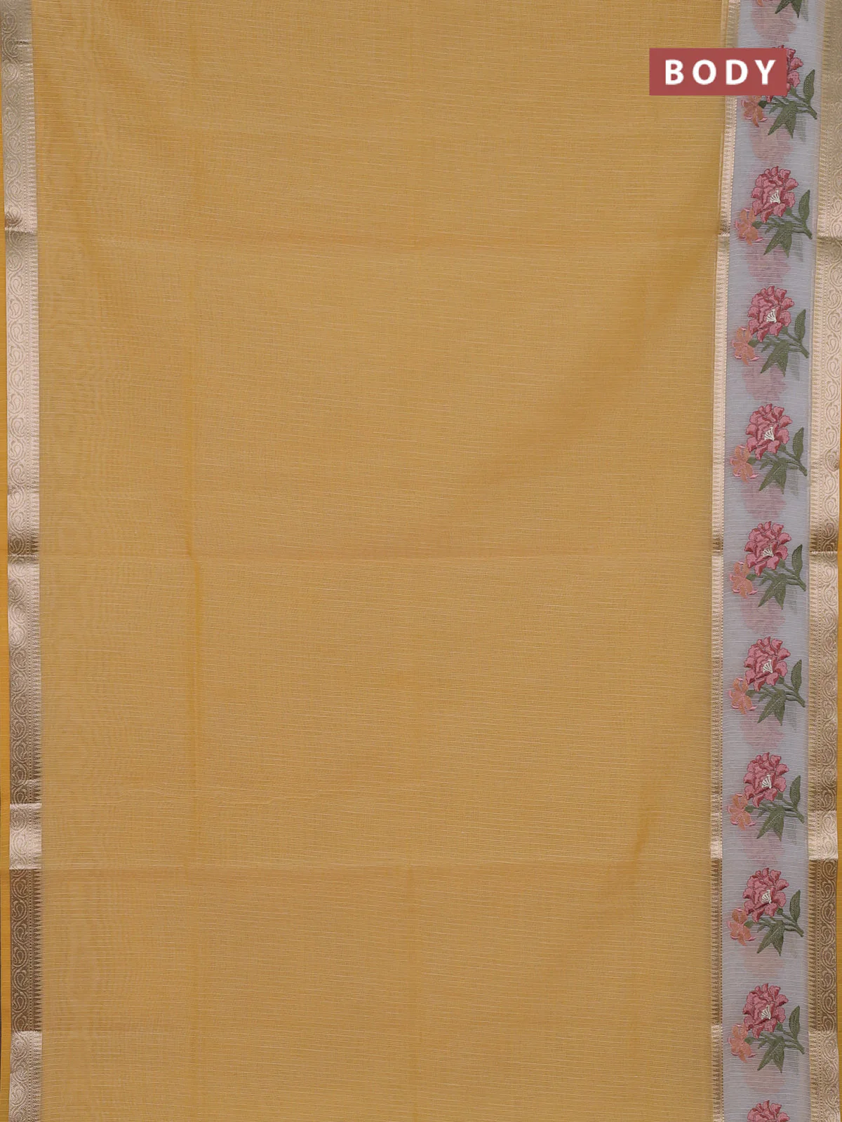 Kota saree yellow and off white with plain body and embroidery work border - Image 2