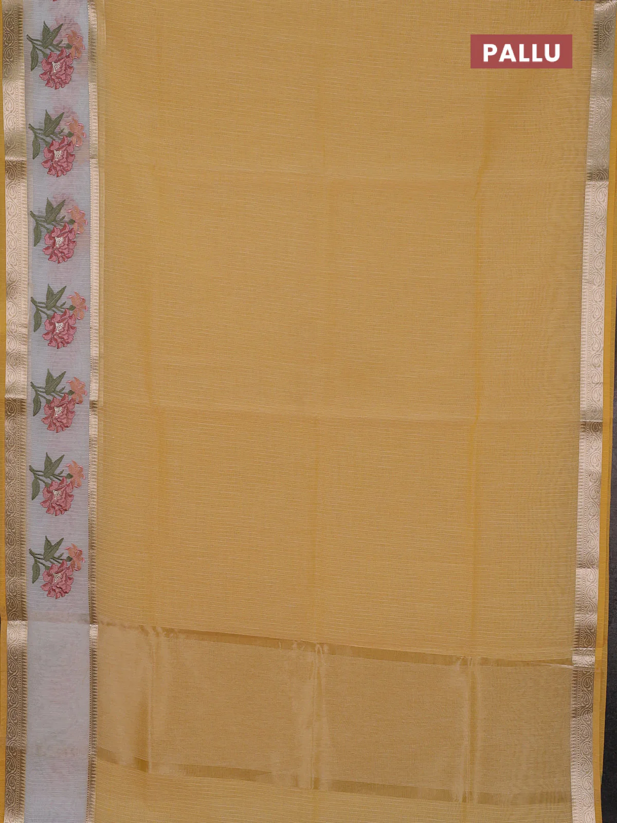 Kota saree yellow and off white with plain body and embroidery work border - Image 3