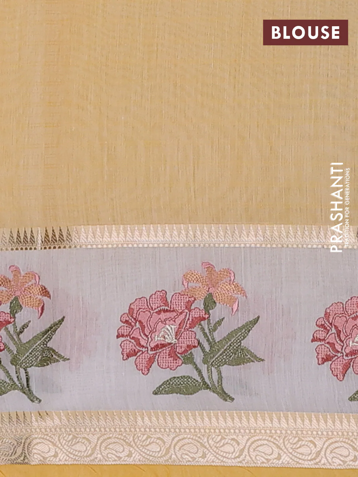 Kota saree yellow and off white with plain body and embroidery work border - Image 4