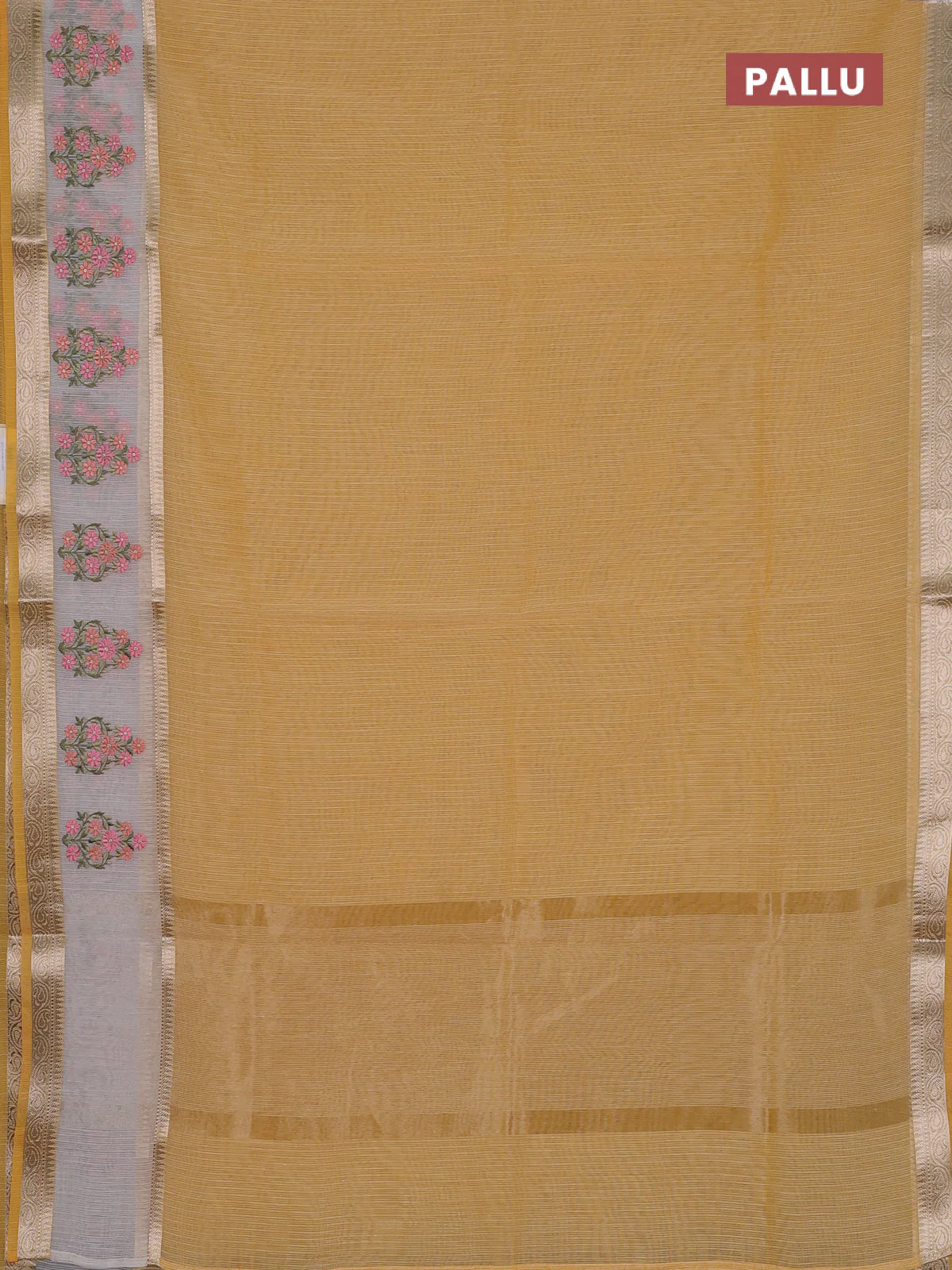 Kota saree yellow and off white with plain body and embroidery work border - Image 3