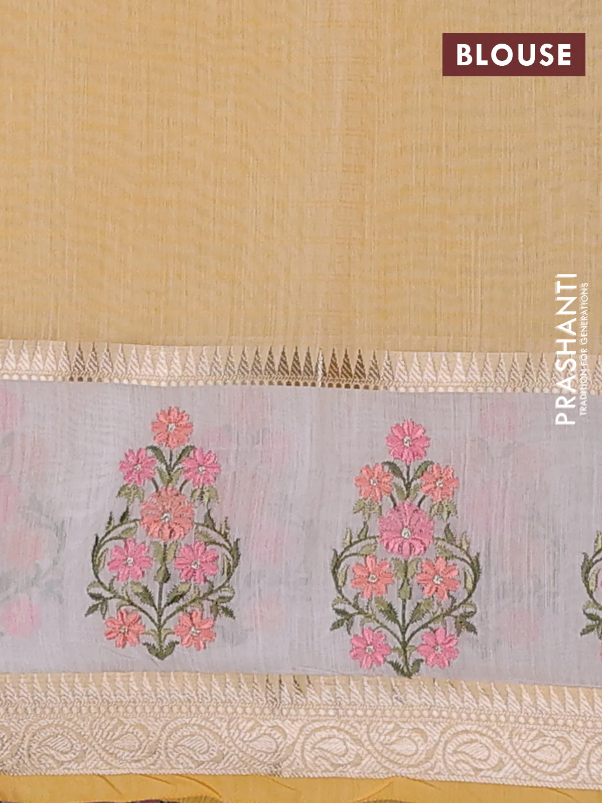 Kota saree yellow and off white with plain body and embroidery work border - Image 4