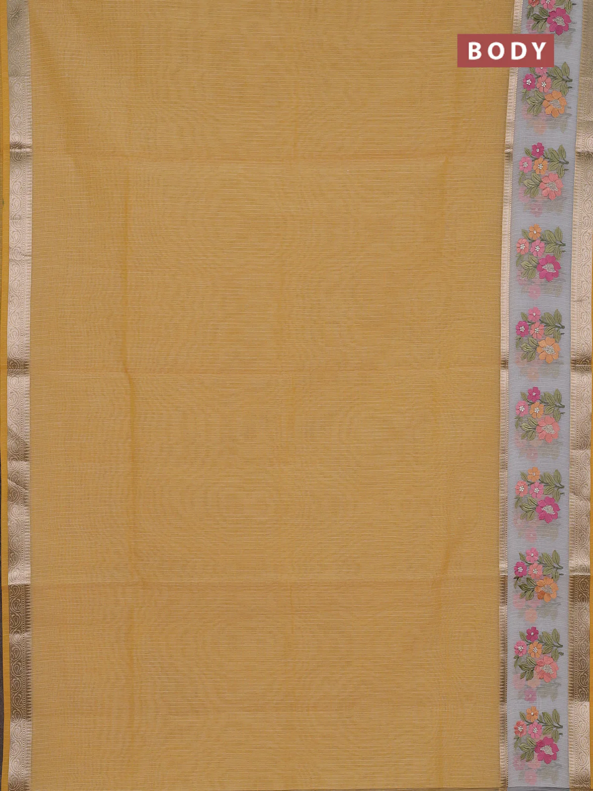 Kota saree yellow and off white with plain body and embroidery work border - Image 2