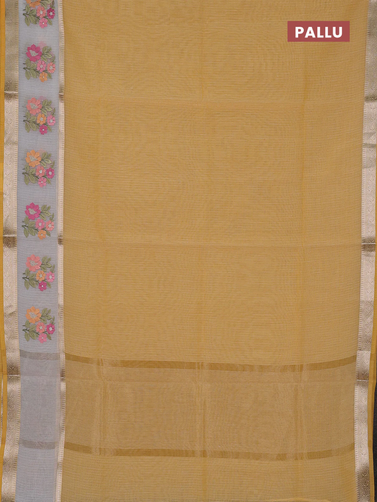 Kota saree yellow and off white with plain body and embroidery work border - Image 3