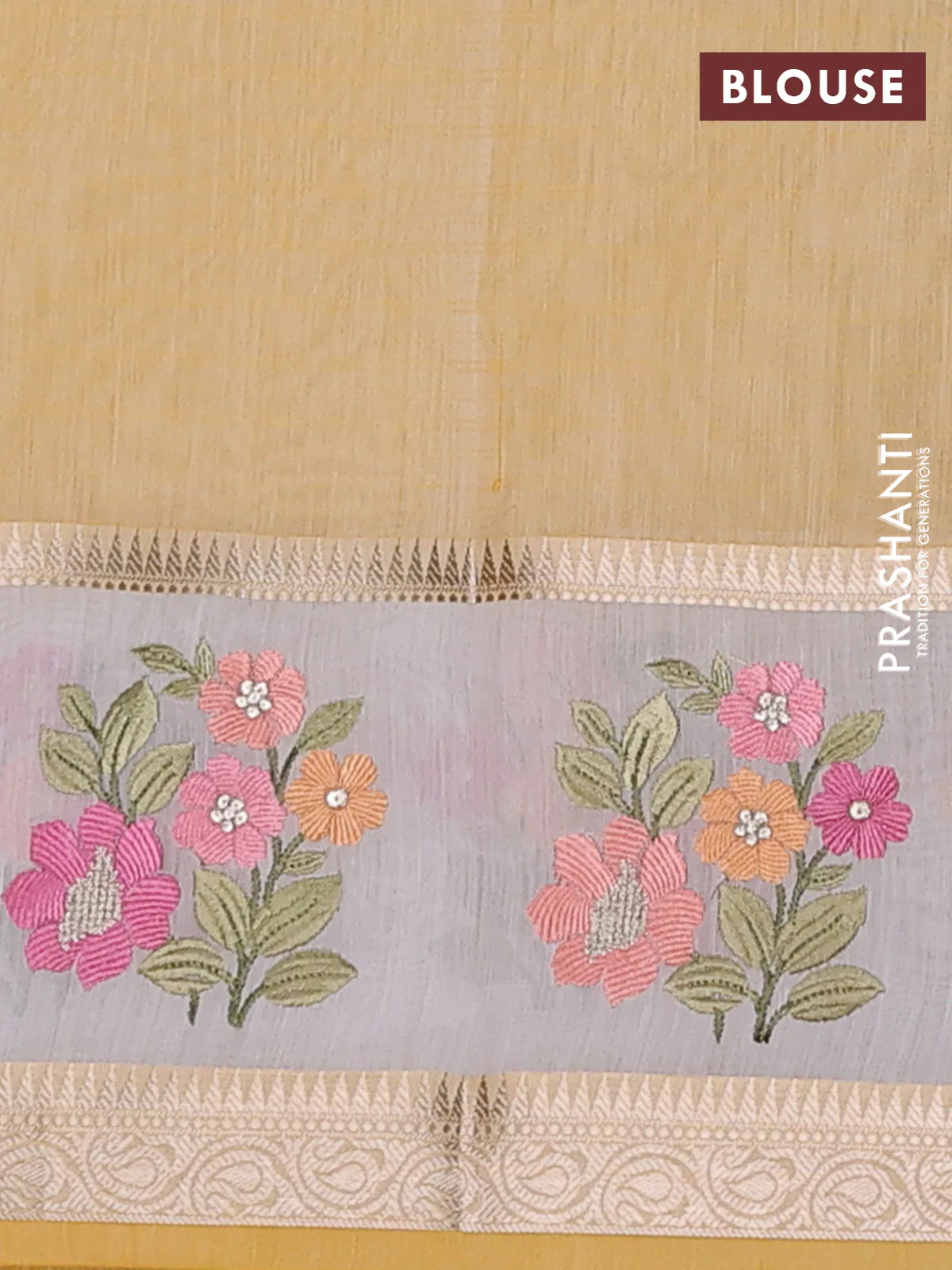 Kota saree yellow and off white with plain body and embroidery work border - Image 4