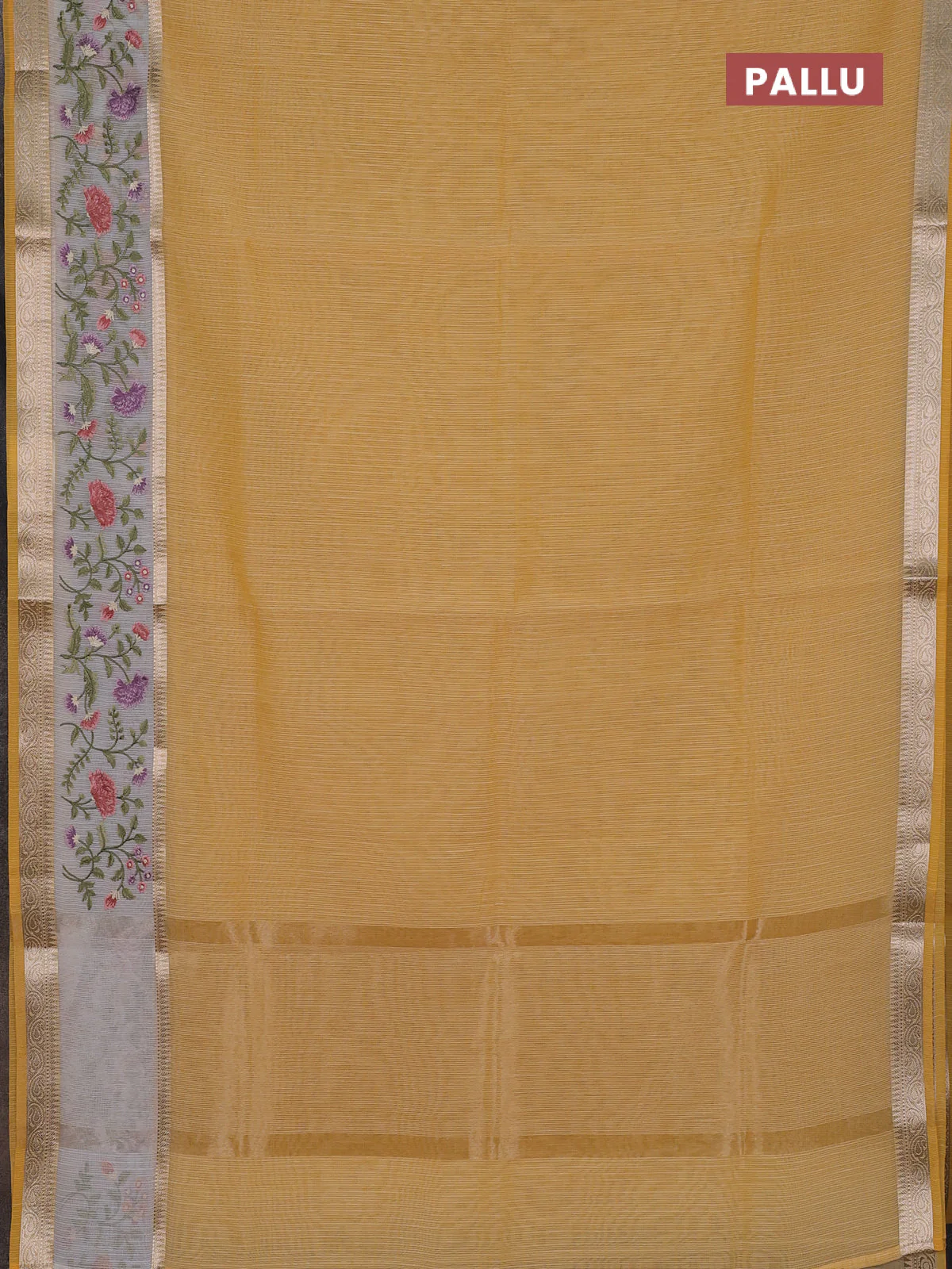 Kota saree yellow and off white with plain body and embroidery work border - Image 3