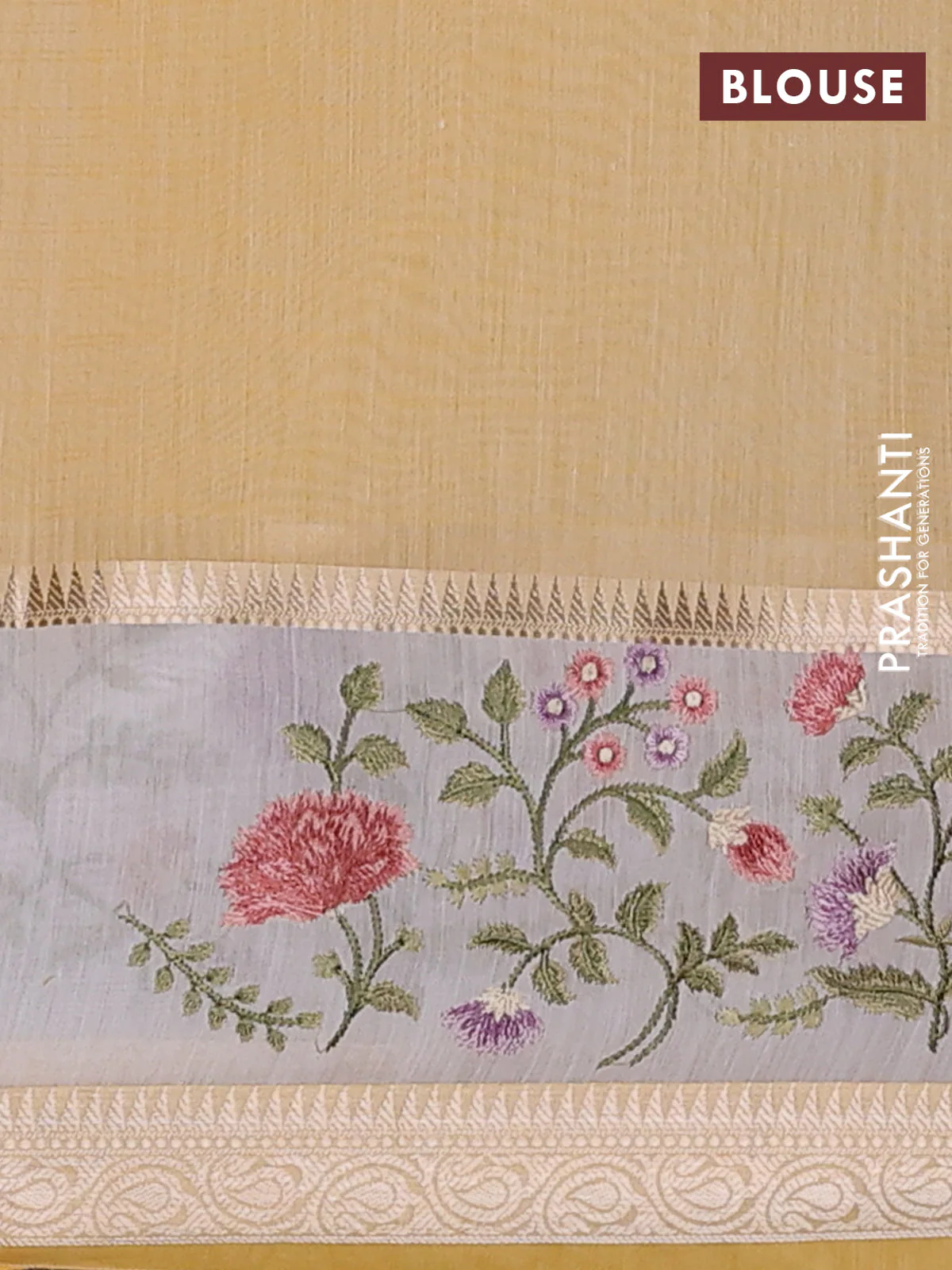 Kota saree yellow and off white with plain body and embroidery work border - Image 4