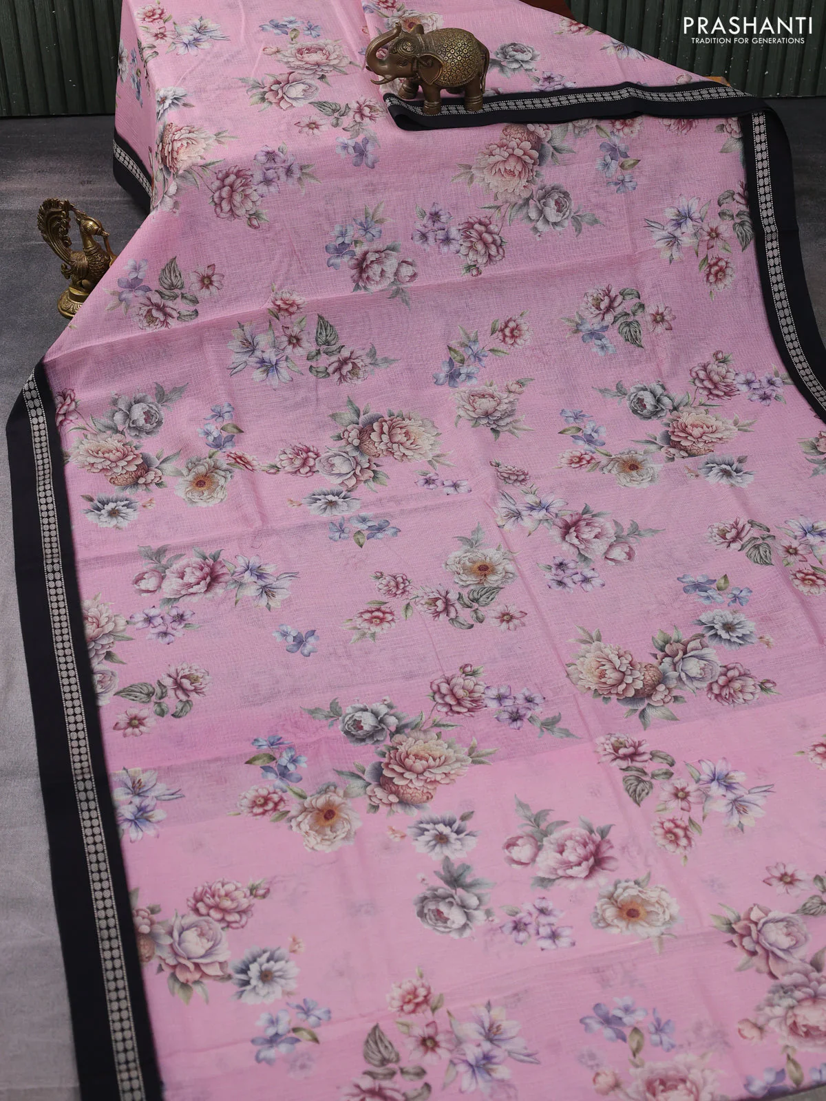 Kota silk cotton saree baby pink and black with allover floral digital prints and thread woven border - Image 2