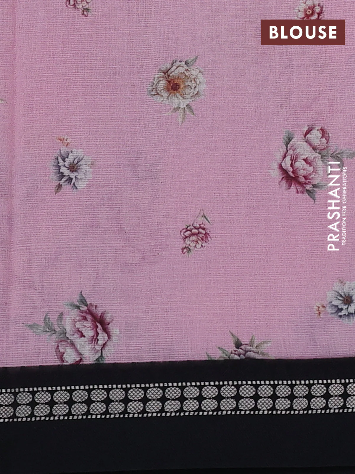 Kota silk cotton saree baby pink and black with allover floral digital prints and thread woven border - Image 3