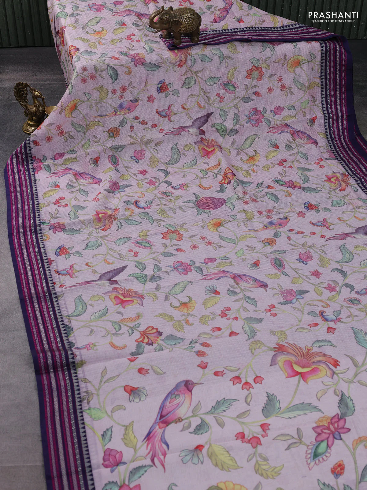 Kota silk cotton saree baby pink and navy blue with allover digital prints and thread woven border - Image 2