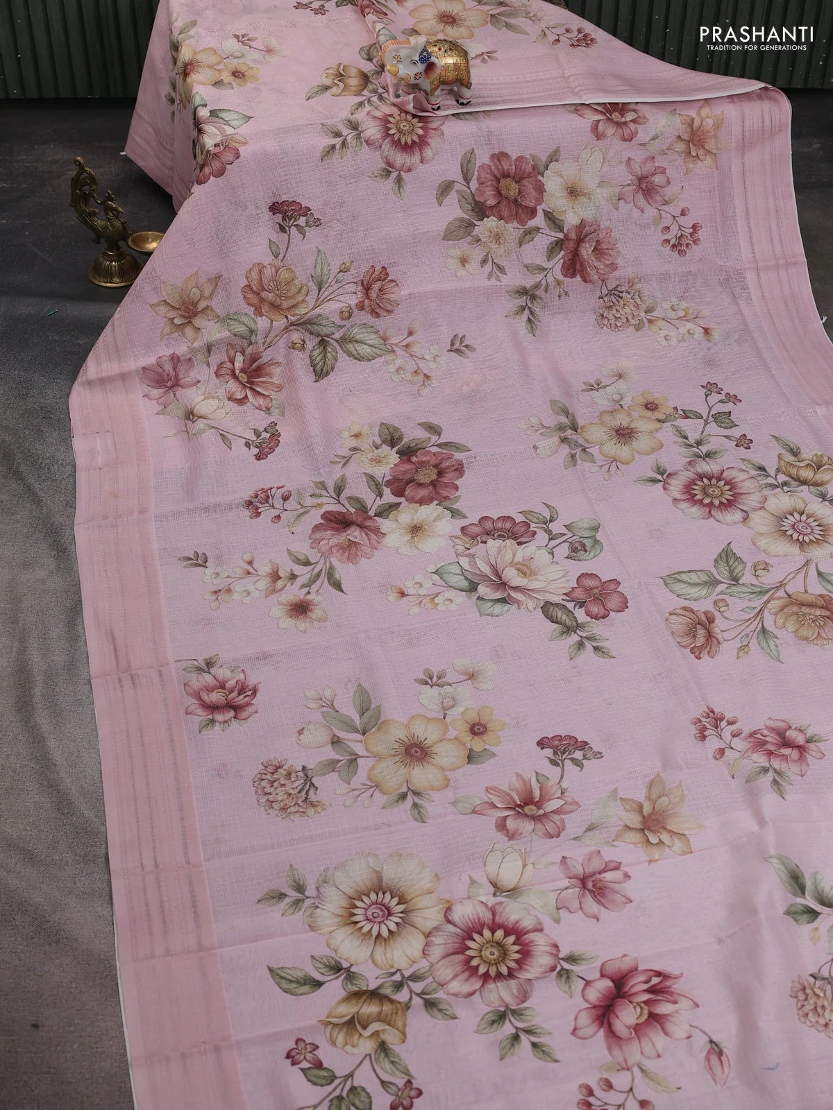 Kota silk cotton saree baby pink with allover floral digital prints and thread woven border - Image 2