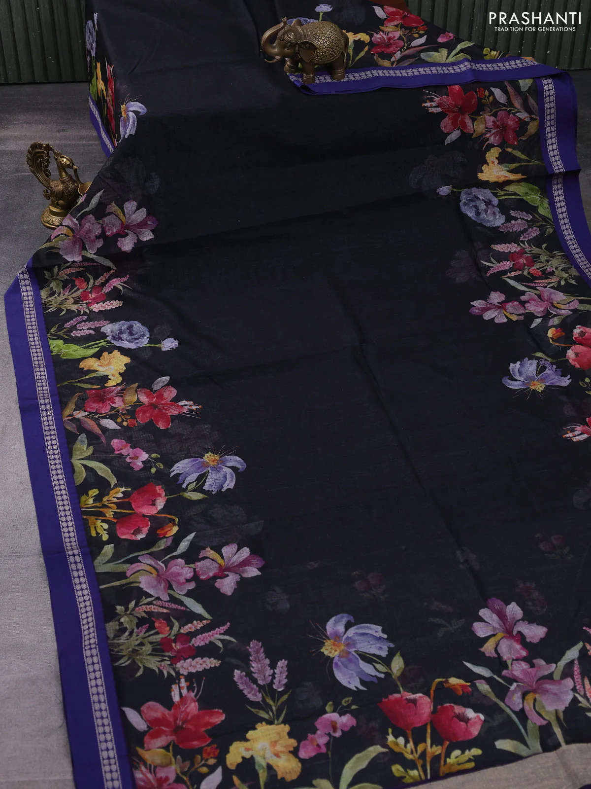 Kota silk cotton saree black and blue with floral digital prints and thread woven border - Image 2