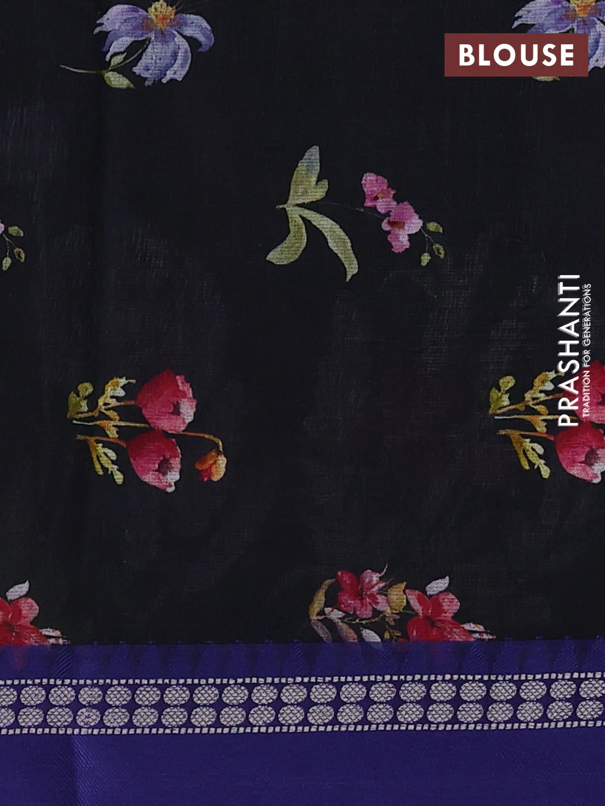Kota silk cotton saree black and blue with floral digital prints and thread woven border - Image 3