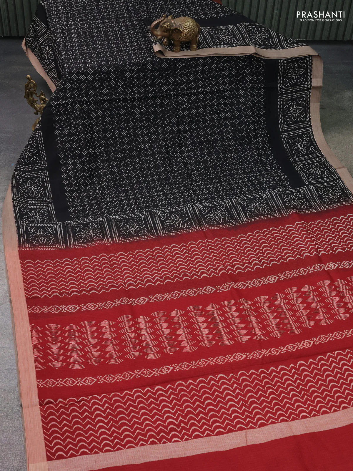 Kota silk cotton saree black and maroon with allover block prints and simple border - Image 2