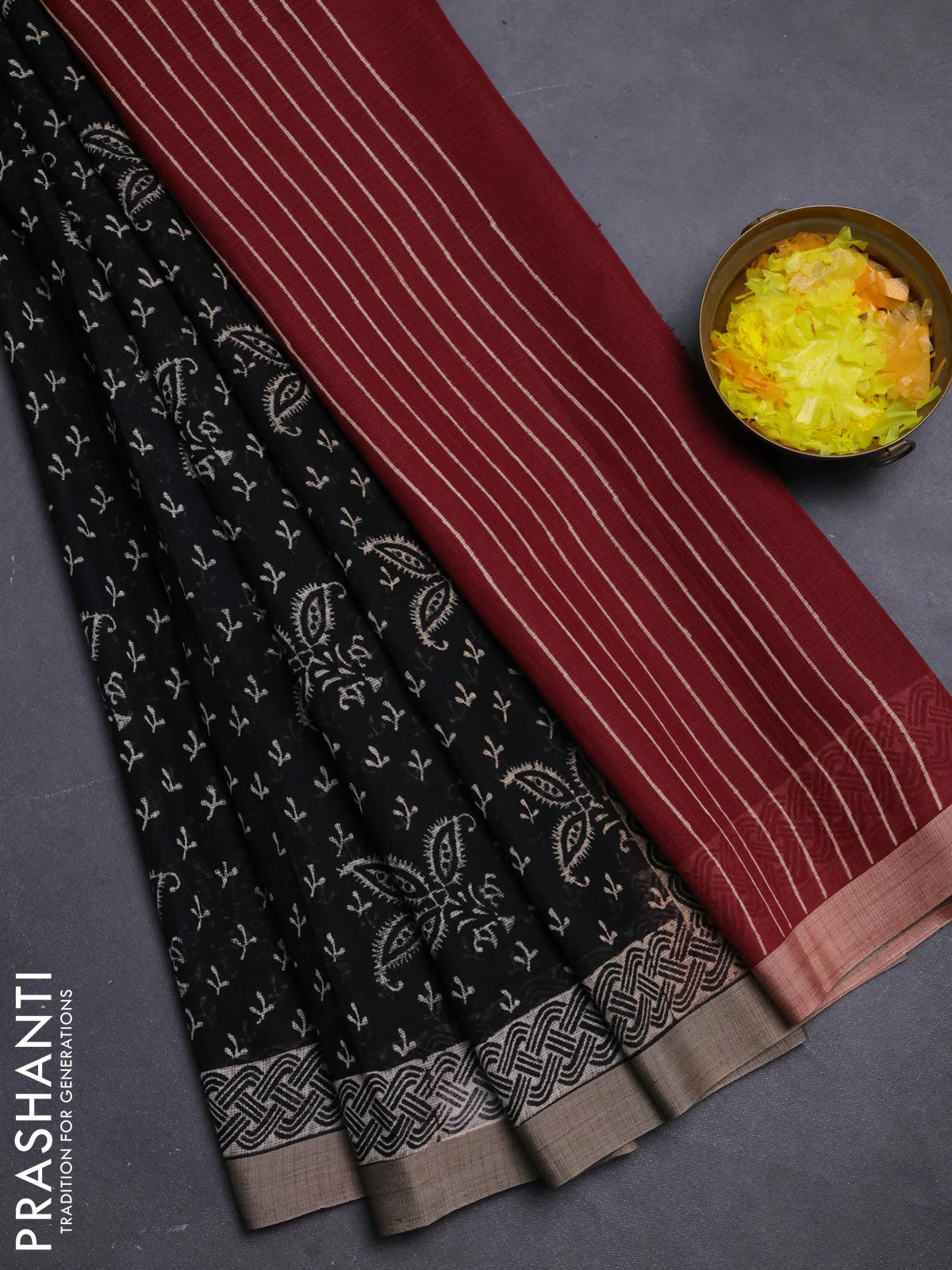 Kota silk cotton saree black and maroon with allover block prints and simple border