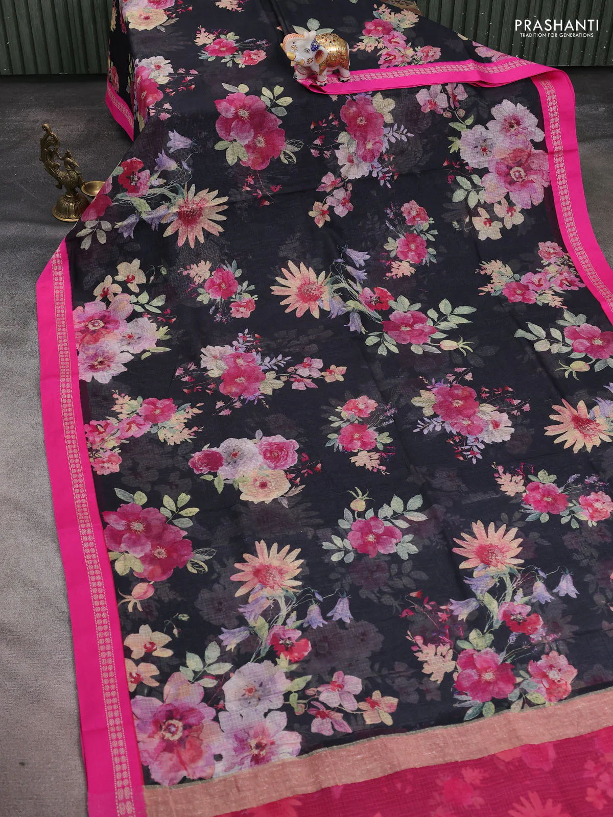 Kota silk cotton saree black and pink with allover floral digital prints and thread woven border - Image 2
