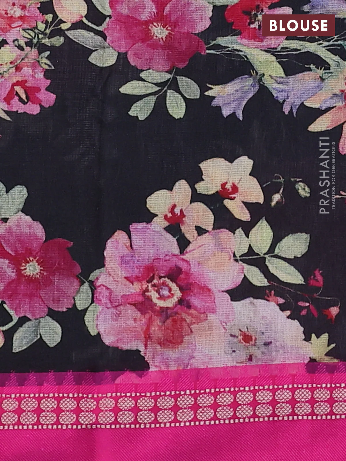 Kota silk cotton saree black and pink with allover floral digital prints and thread woven border - Image 3