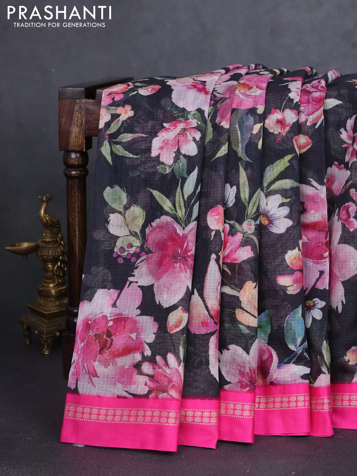 Kota silk cotton saree black and pink with allover floral digital prints and thread woven border