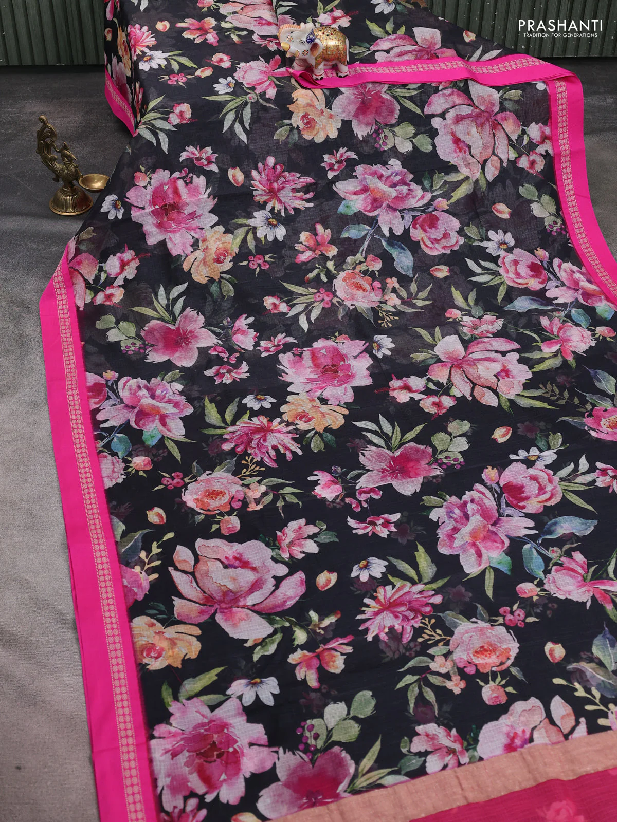 Kota silk cotton saree black and pink with allover floral digital prints and thread woven border - Image 2