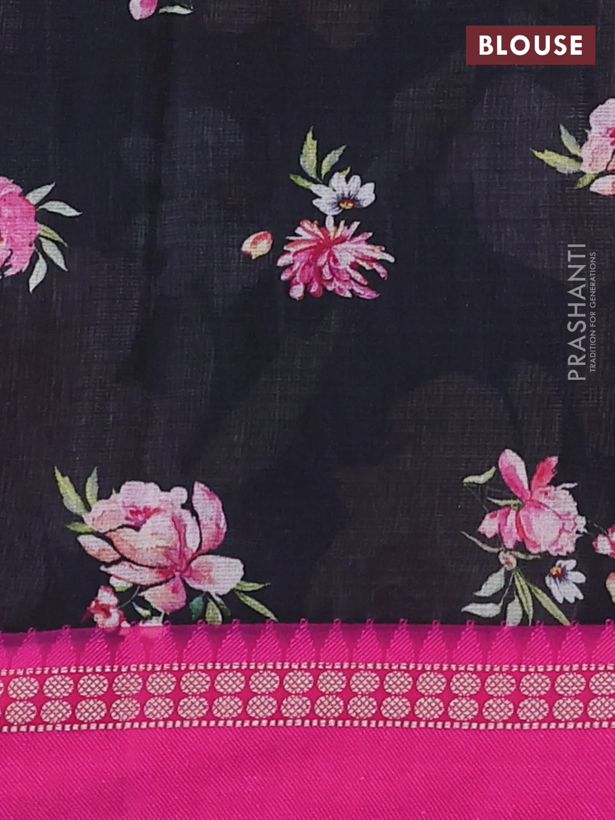 Kota silk cotton saree black and pink with allover floral digital prints and thread woven border - Image 3